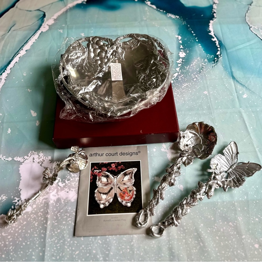 VINTAGE LOT Arthur Court Butterfly Grapevine Aluminum Silver Bowl Snuffer Spoons